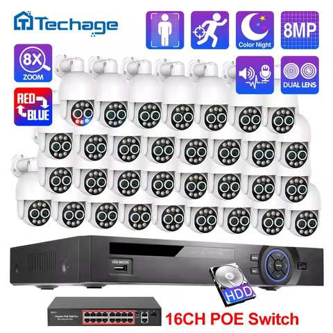 Techage H.265 8MP 32CH Dual Lens POE Camera Kit Humanoid Auto Traking Smart AI 8X Zoom PTZ POE Survi