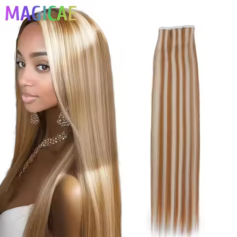 26Inch 20Pcs P27/613 Tape In Straight Hair Extensions Ombre Brown 4# Blond SP12/16/613 High Temperat