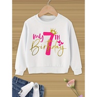 Chic "My 7th Birthday" Girls' Black Sweatshirt with Pink & Golden Glitter Crown Design - Durable Pol