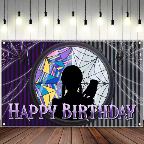 2D banner 1 piece, spider web birthday, Gothic window horror party photo background, horror theme ba