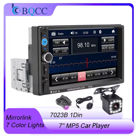 BQCC 1 Din 7" Car MP5 Player BT FM USB TF AUX Car Radio Mirrorlink Colorful lights Power Protection 