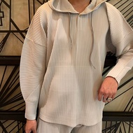 Issey Miyake Miyake ร้อนกดจีบชีวิตจีบเสื้อกันหนาว JK110 Hooded Drawstring หลวมสบาย ๆ สีทึบเสื้อผู้ชา