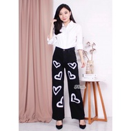 Tolly - Celana Highwaist Jeans Wanita / Bf Jeans Kulot Love Sablon Putih / Kulot Love BSR
