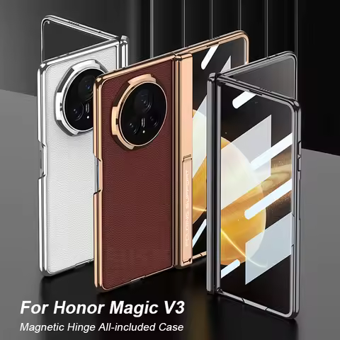 Magnetic Hinge Bracket All-included Case For Honor Magic V3 Litchi Grain Leather Plating Plastic Cov