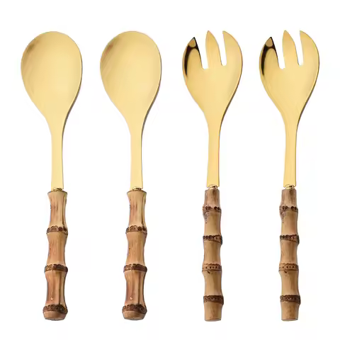 JANKNG 2/4Pcs Long Handle Serving Spork Bamboo Wooden Handle Salad Spoon Fork Stainless Steel Tablew