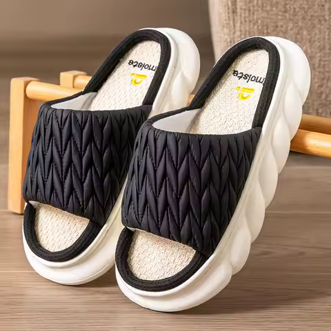 House Slippers for Women Fabric Upper Woven Geometric Shapes Platform EVA Sole Memory Foam Soft Non 