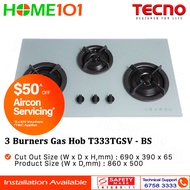Tecno Tempered Glass Cooker Hob 3 Burners T333TGSV - Brushed Silver - FREE INSTALLATION