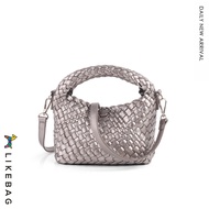 LIKEBAG สุภาพสตรีกระเป๋าถักมือใต้วงแขนกระเป๋าหนัง PU ถักกล่องอาหารกลางวันกระเป๋ามือถือไหล่ผู้หญิงทอ 