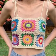 女士奶奶方格鉤織修身無袖露臍上衣 波希米亞風格