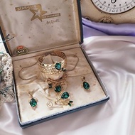 美國西洋古董飾品/1950年人造祖母綠萊茵項鍊/手環/胸針/耳環套組