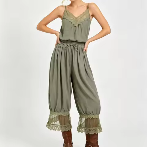 Women Boho Bloomer Jumpsuit Oversized Wide Leg Cropped Pants Romper Coquette Lace Trim Summer Outfit
