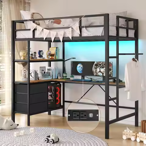 with L-Shaped Desk, LED Lights,Charging Station LED Metal Kids Loft Bed Twin Size with 3 Storage She