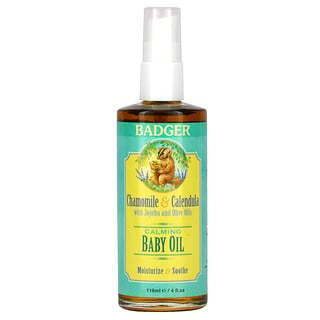 Badger Company, Calming Baby Oil, Chamomile &amp; Calendula with Olive and Jojoba Oils, 4 fl oz (118 ml)