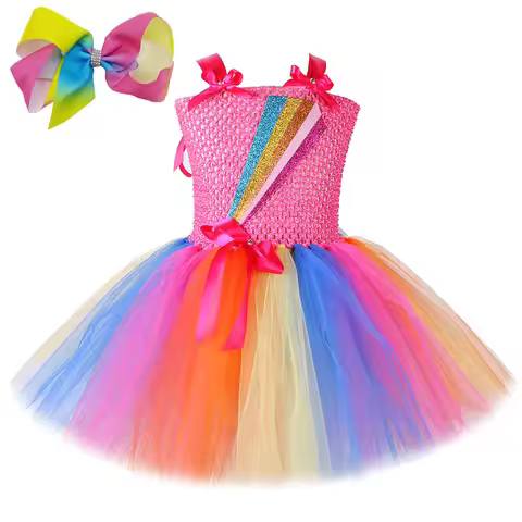 Glittery Rainbow Jojo Siwa Costumes for Girls Christmas Princess Dresses with Bow-tie Hairclip Kids 