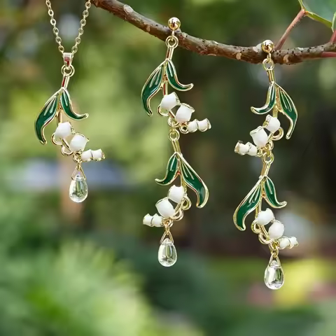 Vintage Lily Of The Valley Jewelry Set Gold Color Earrings Necklace Set For Women Clavicle Chain Wed