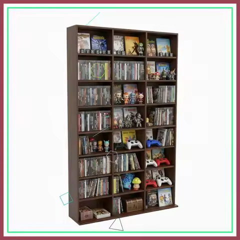 8-Tier Wooden Media Storage Cabinet, CD DVD Rack Organizer for Video Games Movies Books, Rustic Brow