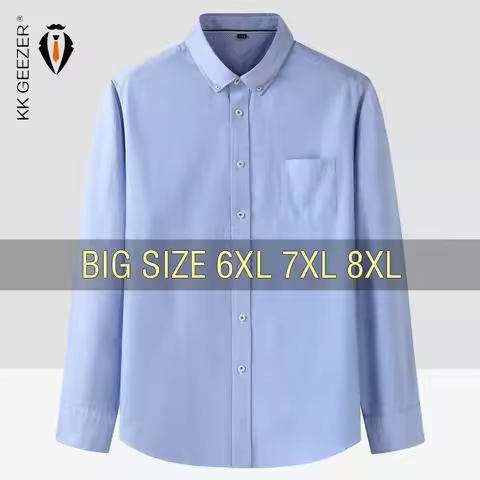Men Shirt Oxford Cotton Long Sleeve Loose Oversize 6XL 7XL 8XL 10XL Plus Size Fashion Casual Blue Lo