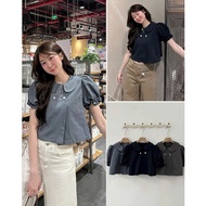 Women's shirt A.855, Lotus collar short-sleeved shirt with 4 mid-length buttons, basic crop top desi