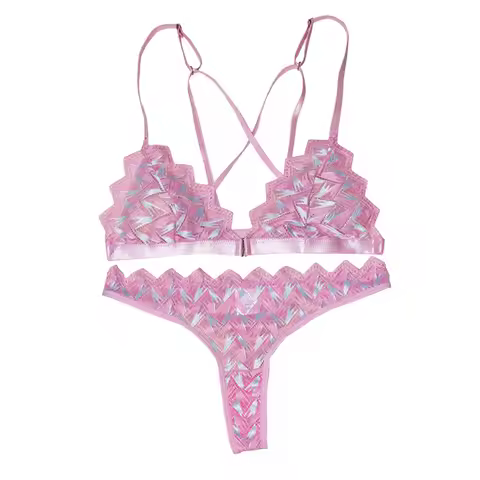 Women'S Pink Lingerie With Geometric Pattern Cross Back Straps Embroidered Lingerie Set Lingerie For