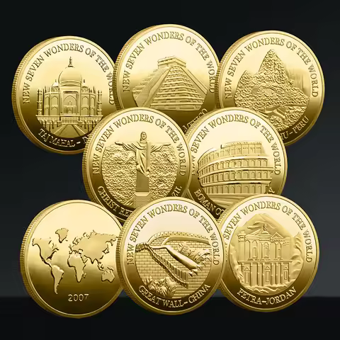 7pcs/Set Seven Wonders of The World Coin Collection Plated Gold Silver Commemorative Coin Badge Trav