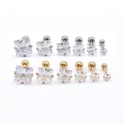 1 Pair 3/4/5/6/7/8mm Simple Shiny Stainless Steel Square Cubic Zirconia Square Stud Earrings for Men
