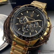 MASERATI手錶,編號R8873612041,46mm黑金圓形精鋼錶殼,黑色三眼, 中三針顯示, 運動錶面,金色精鋼錶帶款,斜體瑪莎logo方為新款正貨