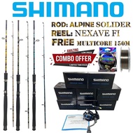 Combo Fishing Set Reel Shimano Nexave FI + Rod Alpine Soldier + Line Super Nylon G-Tech Multicore