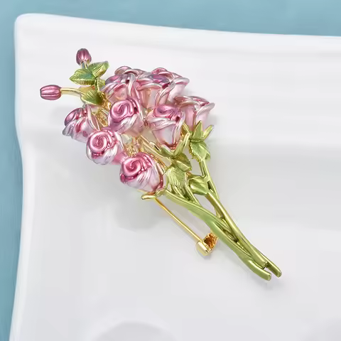 Wuli&baby A Bouquet of Roses Pink Flower Brooch Pins For Suit And Dress Women Little Enamel Brooch