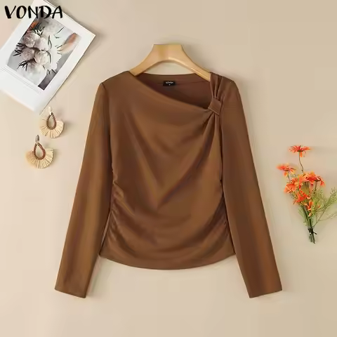 VONDA Women Knitted Sweaters Asymmetrical Long Sleeve Knit Tops Elegant Bodycon Pullovers Casual Irr