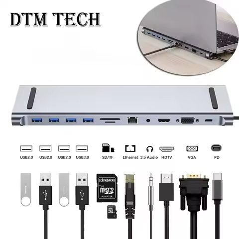 11/12-in-1 Type C Dock USB C Hub 3.0 Splitter Multiport Adapter 4K RJ45 SD/TF VGA HDMI-compatible La