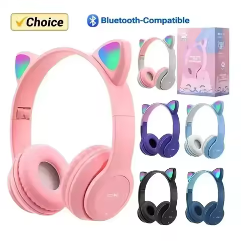 P47M Wireless Game Headphone Flash Light Cute Cat Ears Gaming with Mic Control LED Stereo Music Phon