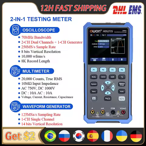 OWON HDS272S 272 250MS/s 8Bits 70MHz Bandwidth Handheld Digital Oscilloscope 2CH+1CH Generator True-