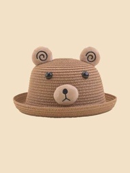 1頂兒童可愛的熊裝草帽,夏季時尚邊捲邊寬沿遮陽帽,男女皆宜的日常穿著