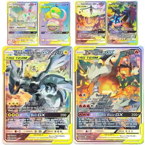 DIY Pokemon PTCG Card TAG TEAM Pikachu & Zekrom Reshiram & Charizard Espeon & Deoxys GX Trading Coll