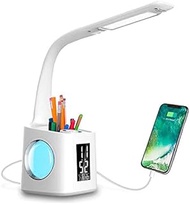 Tiffany style，Multicolored Glass LED Desk Lamp with USB Charging Port&amp;Screen&amp;Calendar&amp;Color Night Light, Kids Dimmable LED Table Lamp with Pen Holder&amp;Clock, Desk Reading Light for Students,10W Wedding
