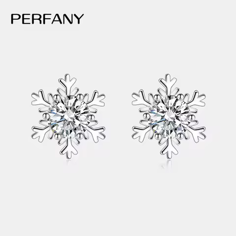 PERFANY 0.3-1CT Moissanite Stud Earrings Women S925 Pure Silver Snowflake Design Laboratory Diamond 