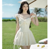 COQUI - DARA DRESS embroidered cream beige short flared DRESS dress woman