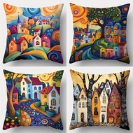 1pc/44pcs Whimsical Village Cushion Cover Printed Pillowcase,Sofa cushions 45*45cm