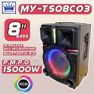 [ BLUETOOTH SPEAKER ] MYCROWN 8” BASS MYTS 08C03 WITH DUA WIRELESS KARAOKE MIC PROTABLE  WITH HANDLE