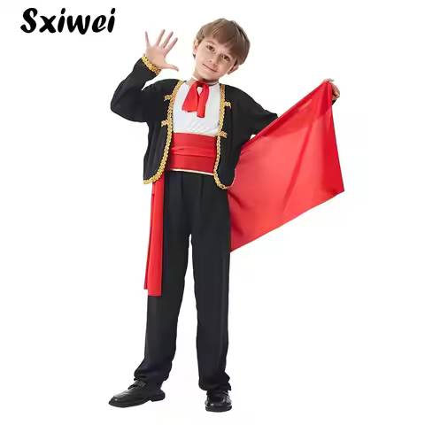 Boys Spanish Traditional Matador Costume with Top Neckwear Waistbelt Pants Halloween Cosplay Flamenc