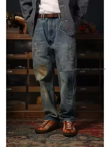 Distressed Denim Jeans Heavy Wash Vintage Destroyed Oil Stain Patch Cut Tapered Denim Pants