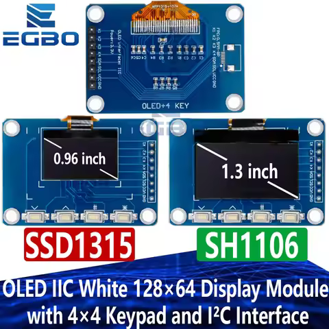 0.96 Inch / 1.3 Inch OLED IIC White 128×64 Display Module with 4×4 Keypad and I²C Interface (SSD1315