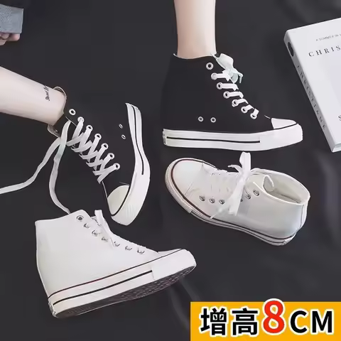 8cm Height Increasing Womens Shoes Classic Breathable Canvas Shoes Fashion Wedges Platform Shoe Lace