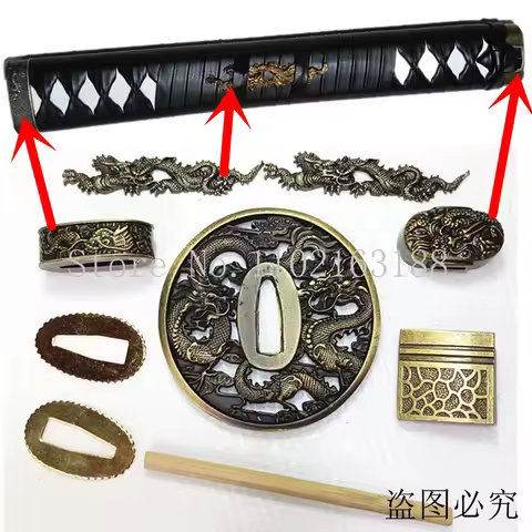 A Set Japanese Samurai Sword Katana/Wakizashi/Tanto Guard Fittings Dragon Tsuba+Menuki+Fuchi+Kashira
