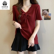 快速出货大碼 女裝 上衣 顯瘦 大碼【Plus Size】(40-150kg) 胖mm300斤特大码冰丝针织T恤女夏季修身显瘦遮肚子短袖上衣 T-Shirt Big Size Tops Oversiz