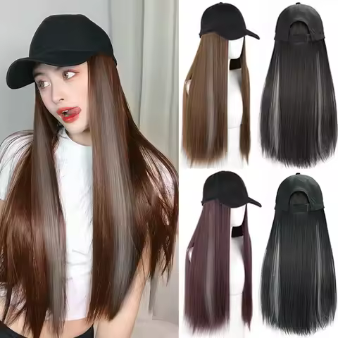 Baseball cap wig Synthetic Wigs With White Black Hat Long Straight Hair Wigs For Women connect Hat O