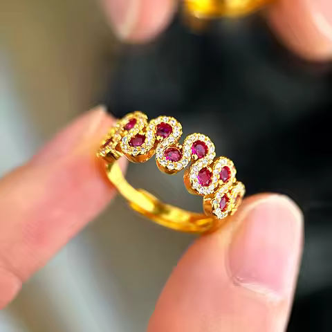 luxury 9999 24K real gold diamond and ruby ring for women, mid-century style high-end niche design r