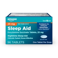 [USA IMPORT] Amazon Basic Care Nighttime Sleep Aid 25mg – Doxylamine Succinate Tablets for Adults 96