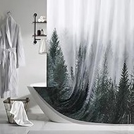 ORTIGIA 72x84 Long Misty Forest Shower Curtain for Bathroom Dark Green