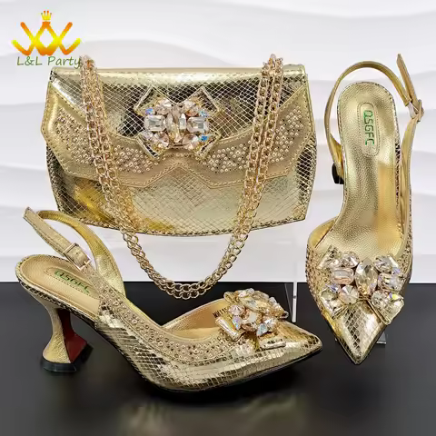 Gold Color New Coming 2024 Pointed Toe Italian Women Shoes Matching Bag Decorate with Rhinestone for